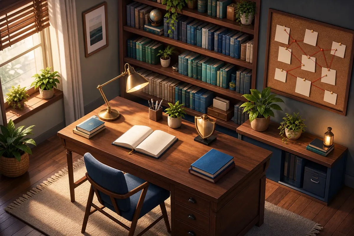 Illustration of a tidy study corner with a desk, bookshelf, and pinboard