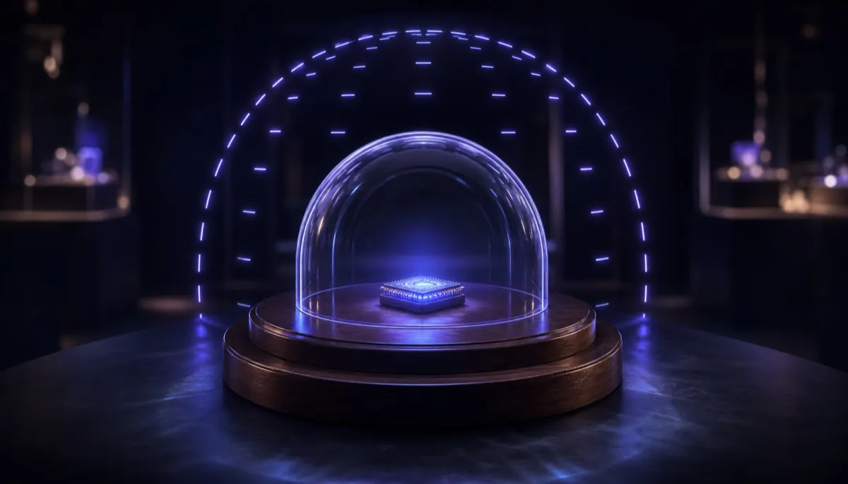 A laptop behind two concentric shields, the inner one solid and the outer one dashed