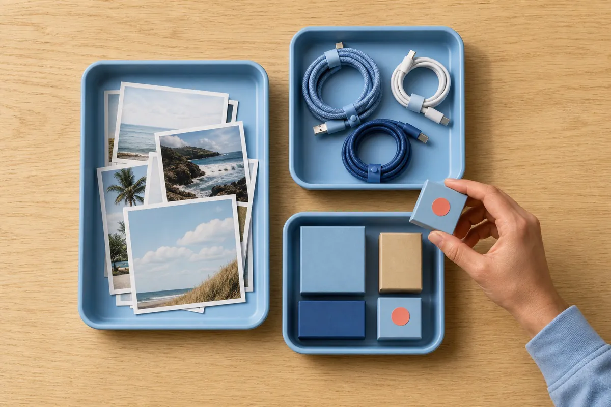 Overhead view of a desk with scattered files sorted into three labeled trays