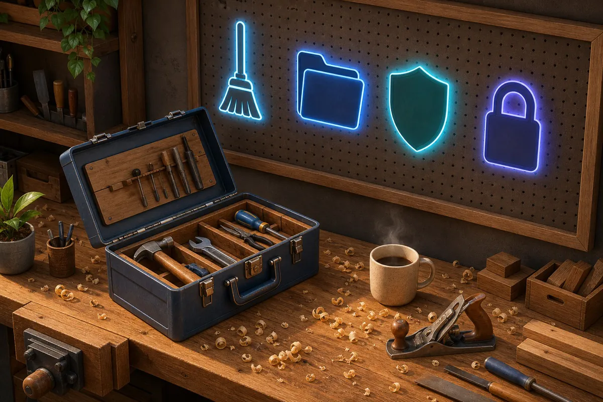An open toolbox with a broom, folder, shield, and padlock floating above it