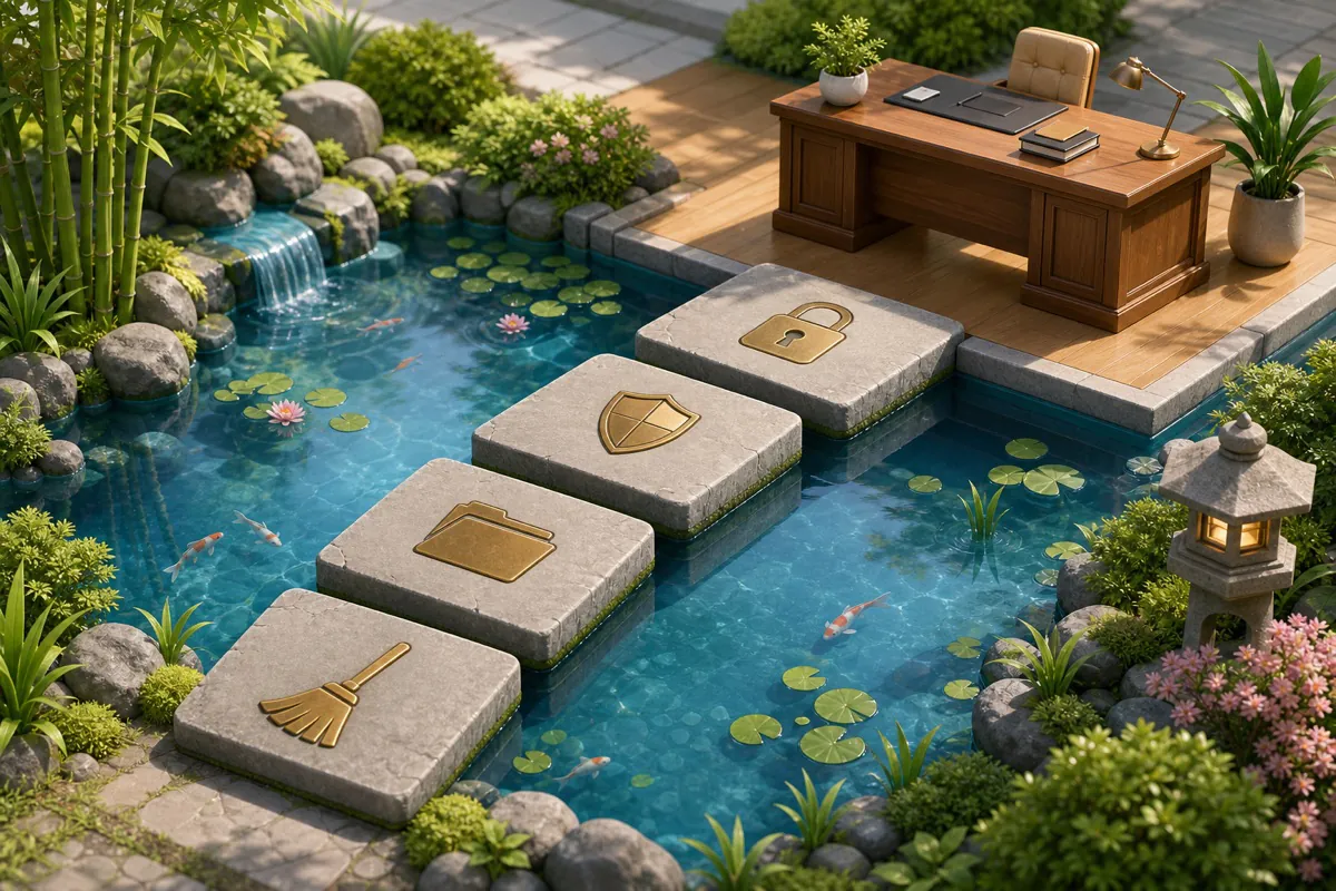 Four stepping stones marked with tool icons leading toward an open laptop