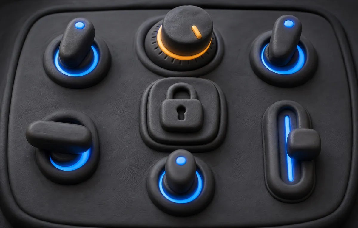 A control panel of toggles and dials with a padlock at the center