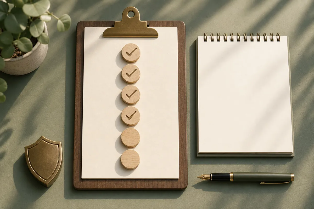 A calendar page with a shield and a scatter of check marks