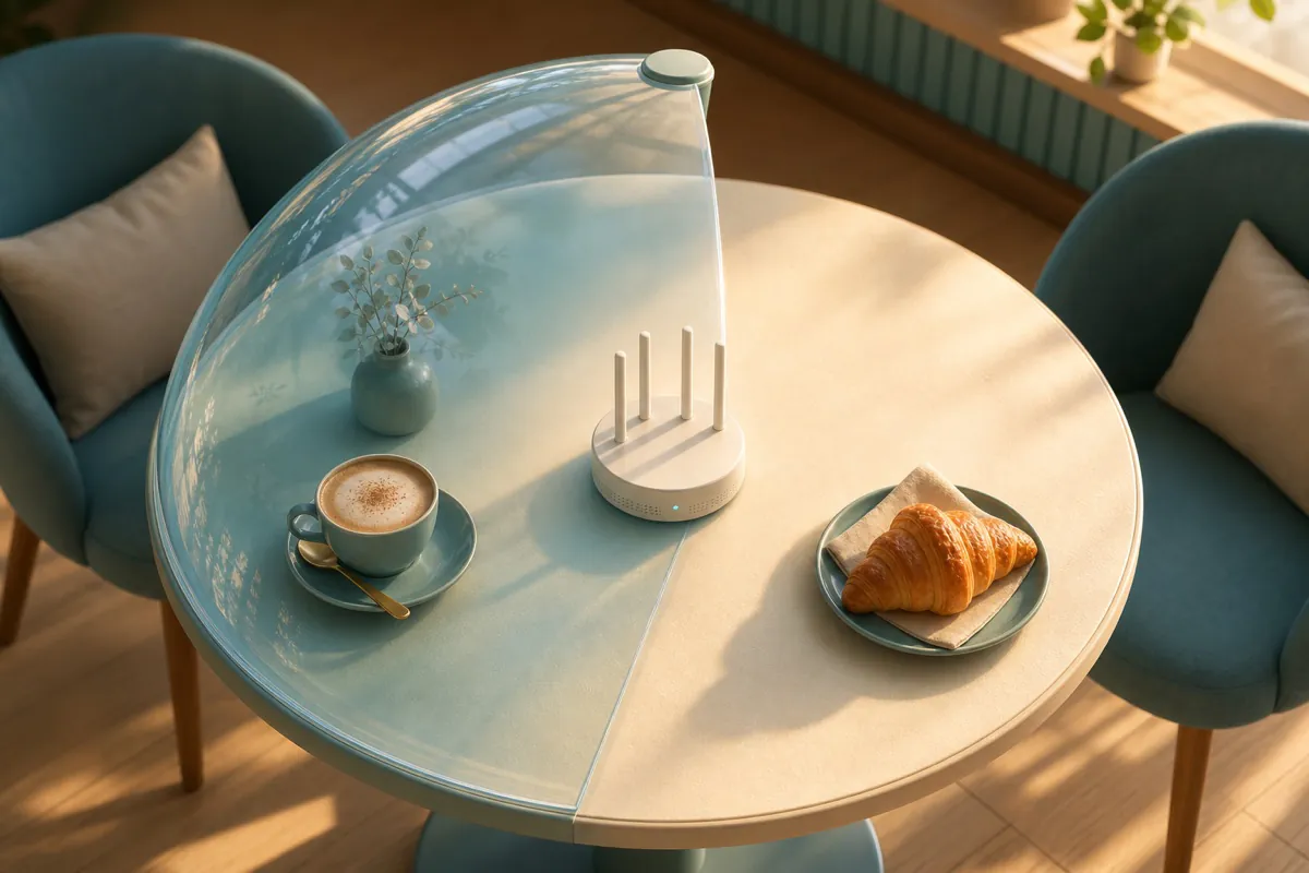A coffee shop laptop with wifi waves and a small shield beside it
