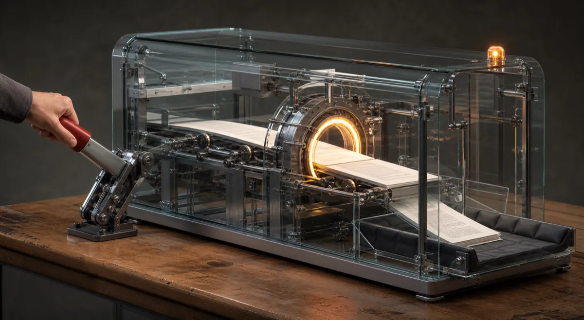 Transparent glass machine with files on a conveyor and a hand resting on a control lever
