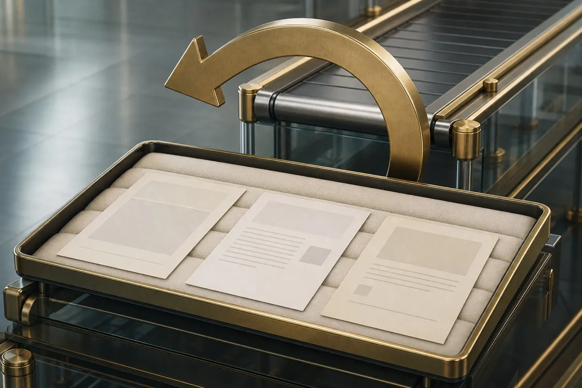 Files flowing from a review tray past a shield checkpoint into a staged bin marked with an undo arrow