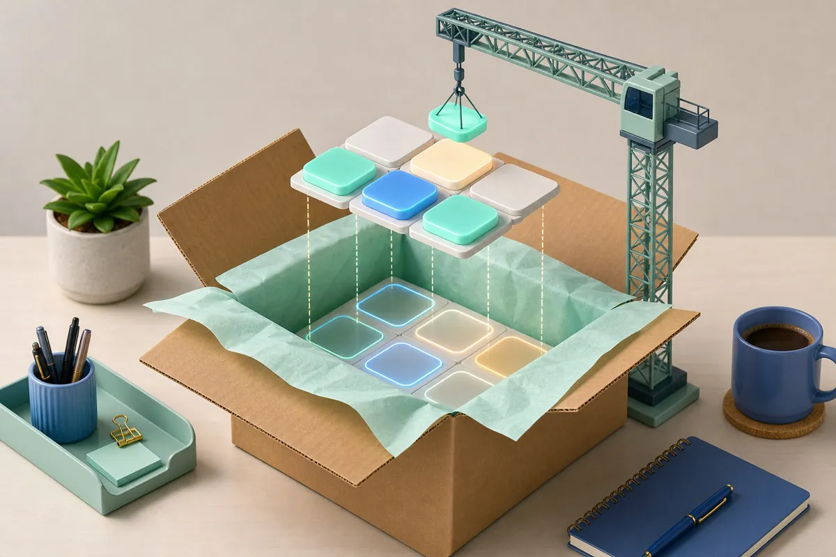 A laptop rising from an open box while app icons arrange themselves into a neat grid