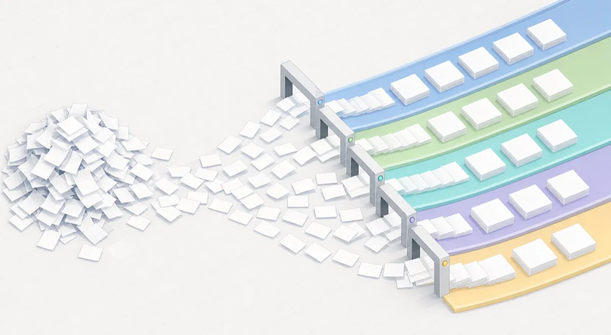 A funnel sorting a scattered pile of documents into five labeled bins