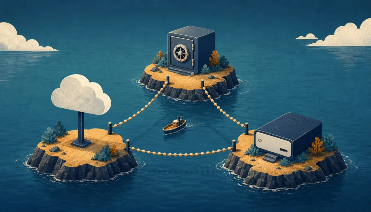 A laptop with data streams flowing to an external drive and a cloud