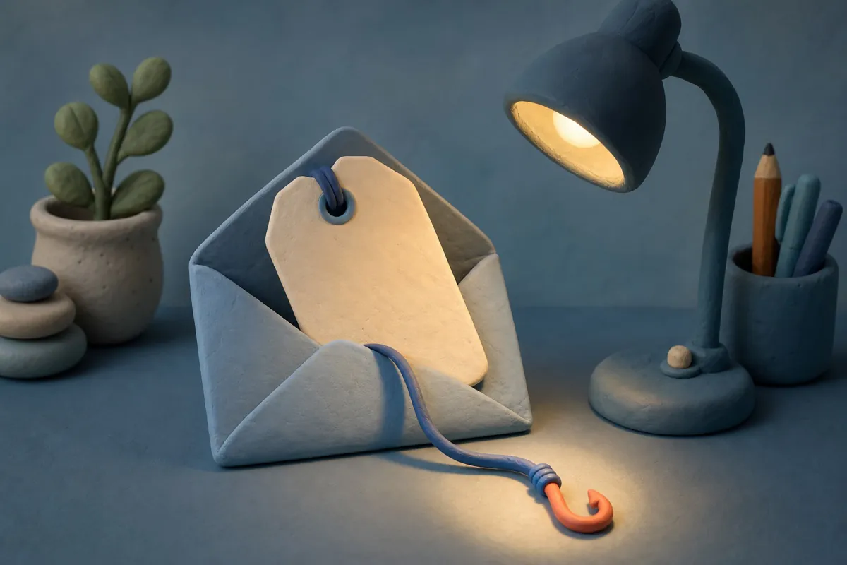 An envelope holding a link tag examined under a magnifying glass
