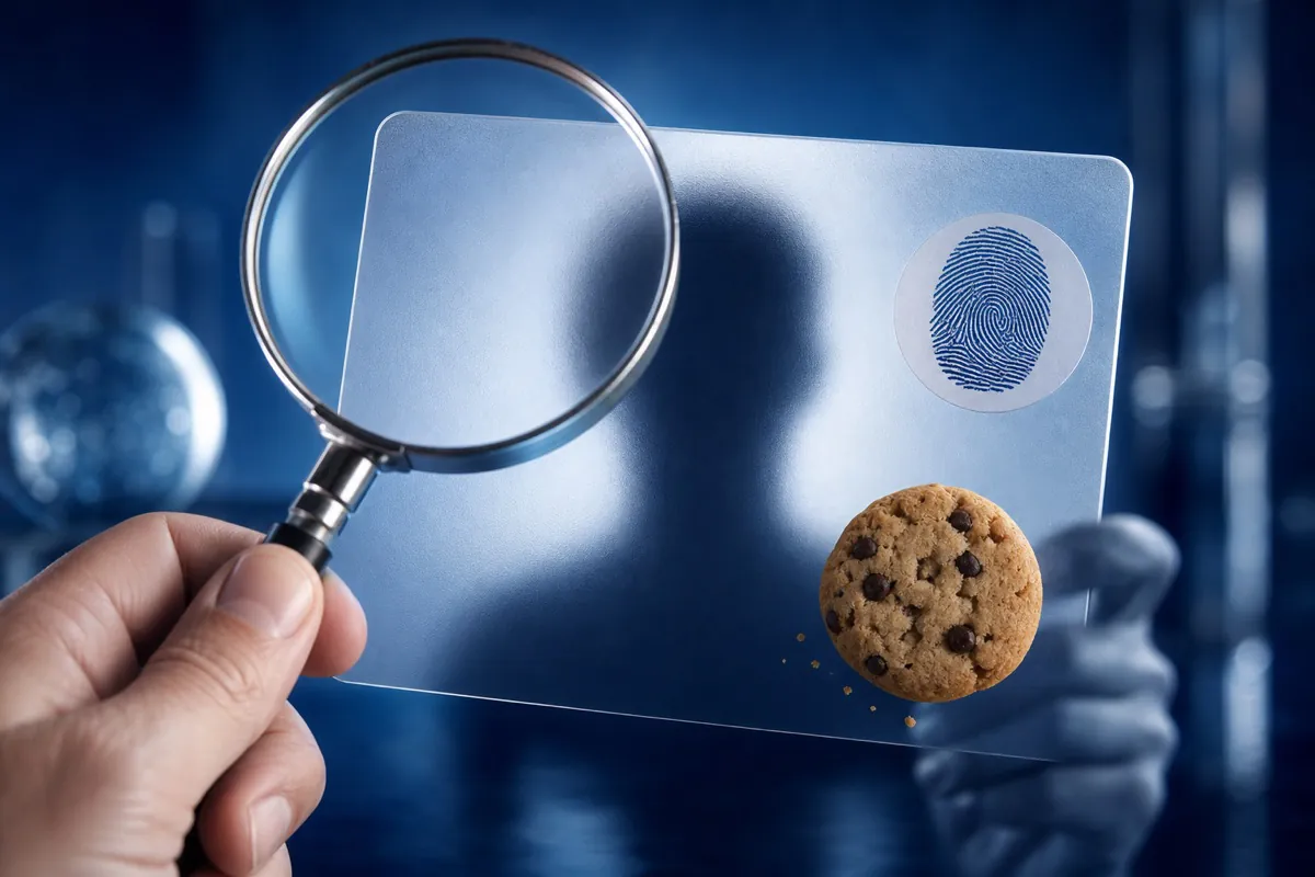 An ID card protected behind a shield while a cookie and a fingerprint remain visible