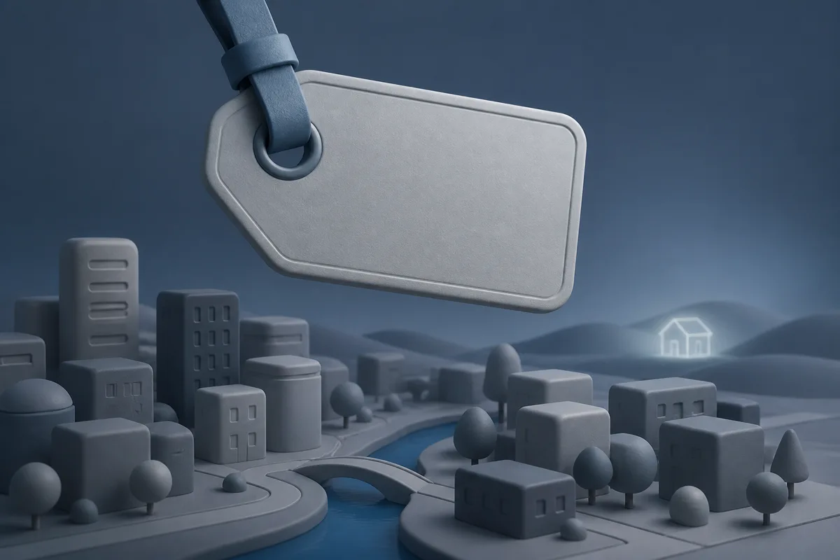 An editorial illustration of a network cable ending in a map pin that covers a whole city, beside a name tag left blank