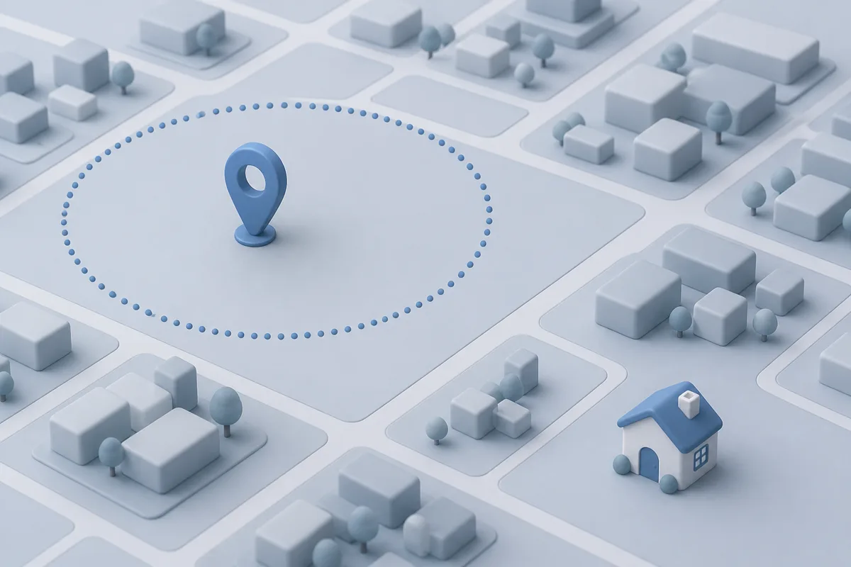 A map where an IP lookup lands as a wide circle over a whole city rather than a precise pinpoint on a house