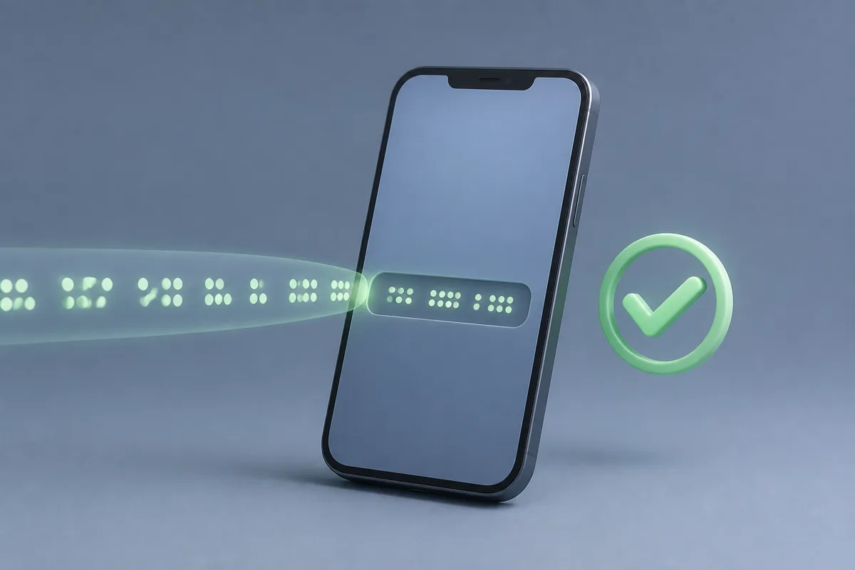 A sign-in screen accepting a pasted numeric code beside a green check