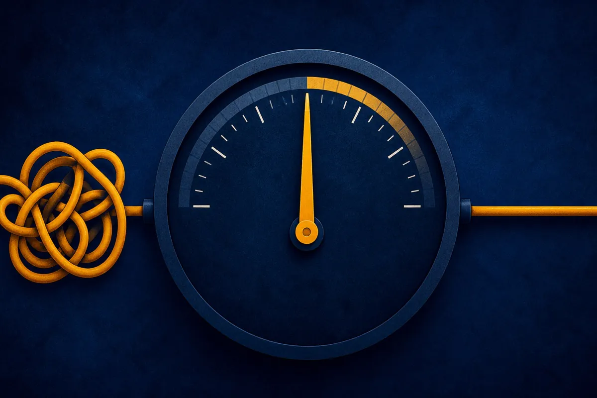 A speedometer merging into the vanishing point of a long tunnel